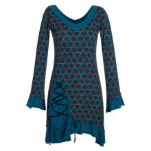 Langarm Damen Kleid Zipfelkleid Bedruckt Asymmetrisch mit Rüschen Volant schwarz 48