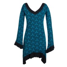 Langarm Damen Kleid Zipfelkleid Bedruckt Asymmetrisch mit Rüschen Volant türkis 36-38