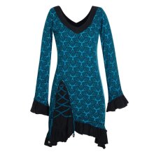 Langarm Damen Kleid Zipfelkleid Bedruckt Asymmetrisch mit Rüschen Volant türkis 36-38