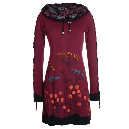 Vishes Damen Blumenkleid Langarm-Shirtkleid Schalkragen Baumwollkleid dunkelrot 34
