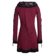 Vishes Damen Blumenkleid Langarm-Shirtkleid Schalkragen Baumwollkleid dunkelrot 46