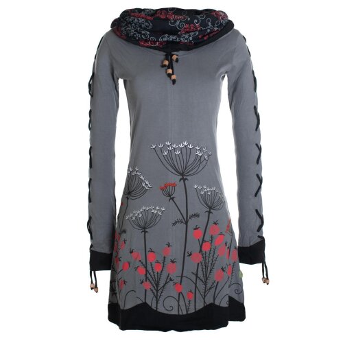 Vishes Damen Blumenkleid Langarm-Shirtkleid Schalkragen Baumwollkleid grau 44