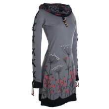 Vishes Damen Blumenkleid Langarm-Shirtkleid Schalkragen Baumwollkleid grau 48-50