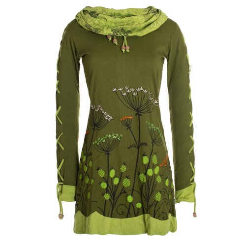 Vishes Damen Blumenkleid Langarm-Shirtkleid Schalkragen Baumwollkleid olive 36