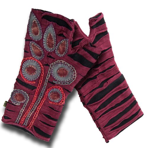 Vishes - Bestickte Damen Handschuhe Stulpen mit Daumen Fleece Gefüttert schwarz-dunkelrot