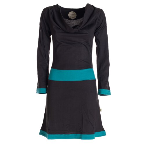 Vishes Langarm Damen Kleid Wasserfallkragen Bio-Baumwolle farbiger Bund schwarz-türkis 38