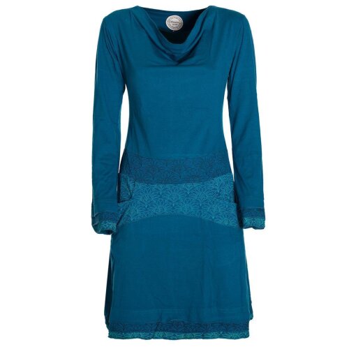 Vishes Bequemes Langarm Damen Kleid mit Wasserfallkragen Bund bedruckt Taschen türkis 46
