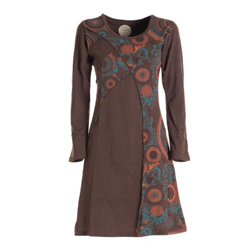 Vishes Damen Mandala Kleid Blumenkleid Langarm Rundhals Baumwollkleid braun 36-38