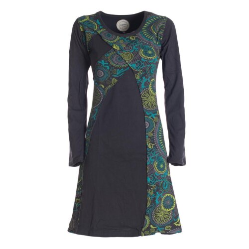 Vishes Damen Mandala Kleid Blumenkleid Langarm Rundhals Baumwollkleid schwarz 38-40