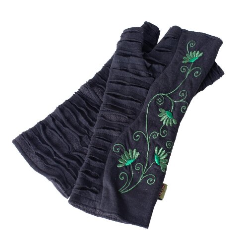 Vishes warme Blumen bestickte Handstulpen, außen Baumwolle, innen Fleece schwarz