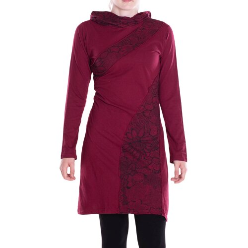 Vishes - Damen Spitzen-Kleid Blumen-kleid Lang-arm Rundhals Kapuzenkleid-er dunkelrot 44