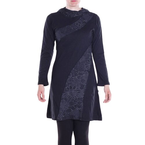 Vishes - Damen Spitzen-Kleid Blumen-kleid Lang-arm Rundhals Kapuzenkleid-er schwarz 48-50