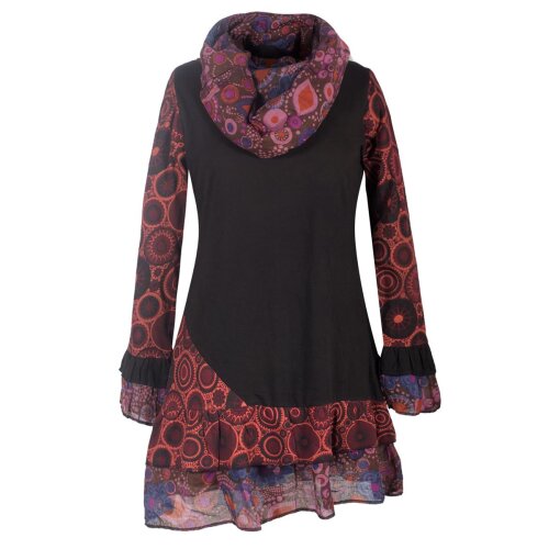 Vishes Damen Langarm Mandala Rüschenkleid mit Kapuzenschal schwarz 50