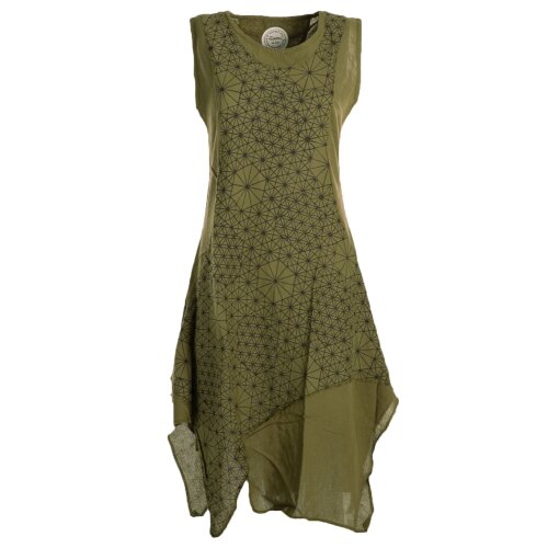Vishes Damen knielanges Kleid Baumwolle Geometrisch Lagenlook Armlos olive 32-34