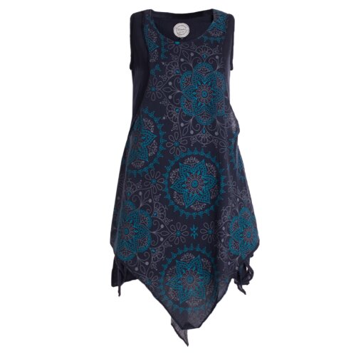 Vishes Lagenlook Kleid Damen Mandala Print Zipfel Baumwolle ärmellos schwarz 38