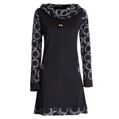 Vishes - Damen Lang-arm Kleid Schal-Kleid Winterkleider Baumwollkleid schwarz 48