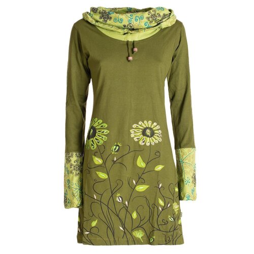 Vishes - Damen Blumen-Kleid Langarm-Shirtkleid Schal-Kleid Baumwollkleid  olive 40