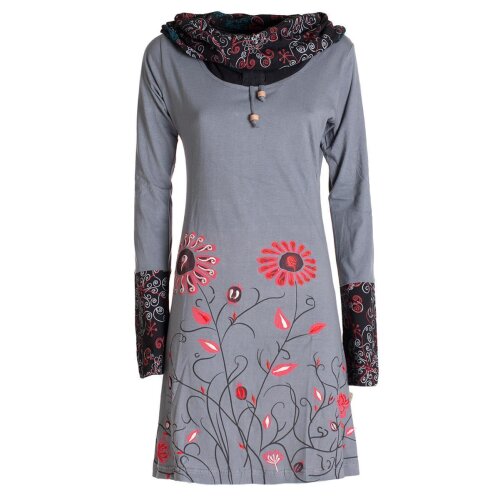 Vishes - Damen Blumen-Kleid Langarm-Shirtkleid Schal-Kleid Baumwollkleid  grau 36