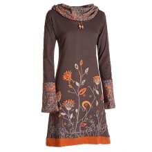Vishes - Damen Blumen-Kleid Langarm-Shirtkleid Schal-Kragen Baumwollkleid  braun 34