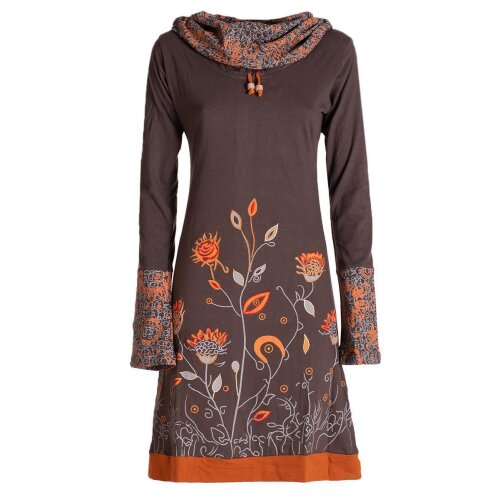 Vishes - Damen Blumen-Kleid Langarm-Shirtkleid Schal-Kragen Baumwollkleid  braun 42