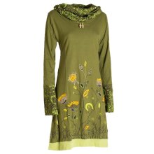 Vishes - Damen Blumen-Kleid Langarm-Shirtkleid Schal-Kragen Baumwollkleid  olive 44