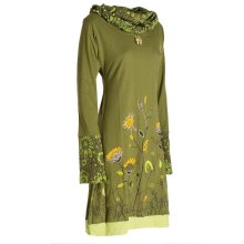 Vishes - Damen Blumen-Kleid Langarm-Shirtkleid Schal-Kragen Baumwollkleid  olive 44