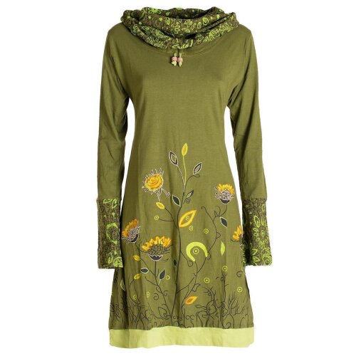 Vishes - Damen Blumen-Kleid Langarm-Shirtkleid Schal-Kragen Baumwollkleid  olive 46