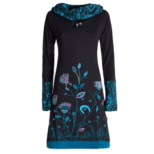 Vishes - Damen Blumen-Kleid Langarm-Shirtkleid Schal-Kragen Baumwollkleid  schwarz 34