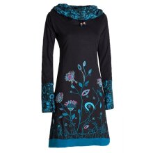 Vishes - Damen Blumen-Kleid Langarm-Shirtkleid Schal-Kragen Baumwollkleid  schwarz 34