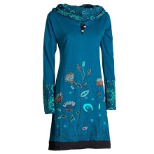 Vishes - Damen Blumen-Kleid Langarm-Shirtkleid Schal-Kragen Baumwollkleid  türkis 34