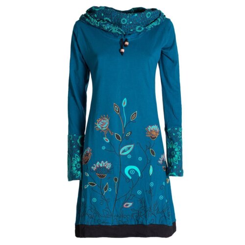 Vishes - Damen Blumen-Kleid Langarm-Shirtkleid Schal-Kragen Baumwollkleid türkis 42