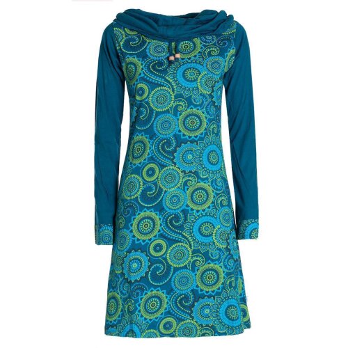 Vishes - Damen Lang-arm Kleid Schal-Kleid Winterkleider Baumwollkleid türkis 36