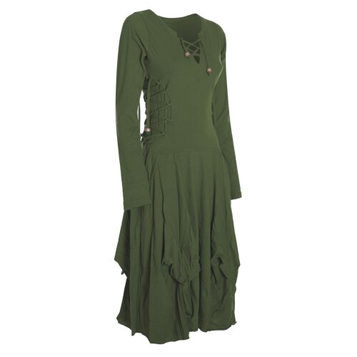 Vishes Langes Langarm Damen Kleid Bio-Baumwolle Einfarbig mit Schnürung V-Ausschnitt olive 36