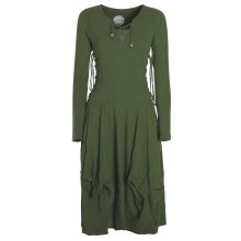 Vishes Langes Langarm Damen Kleid Bio-Baumwolle Einfarbig mit Schnürung V-Ausschnitt olive 36