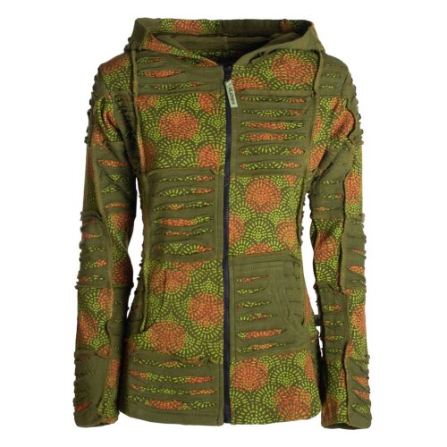 Vishes - Damen Patchwork Jacke Blumen-Sweatjacke Hippie-Jacke Kapuzenjacke olive 42