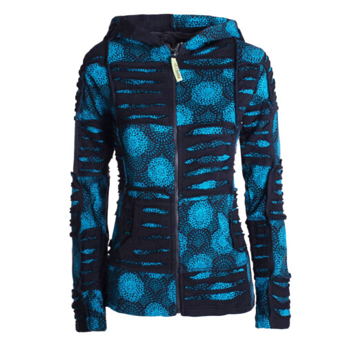 Vishes - Damen Patchwork Jacke Blumen-Sweatjacke Hippie-Jacke Kapuzenjacke schwarz-türkis 42