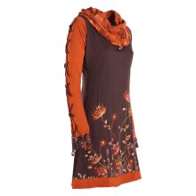 Vishes - Damen Blumen-Kleid Baumwollkleid Langarm-Shirtkleid Schal-Kragen braun 40