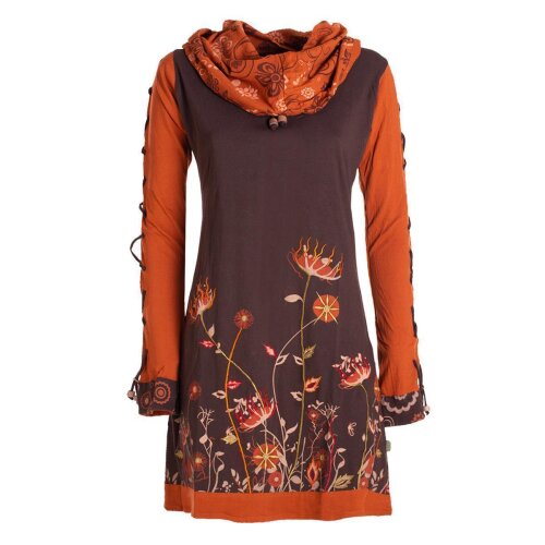 Vishes - Damen Blumen-Kleid Baumwollkleid Langarm-Shirtkleid Schal-Kragen braun 44