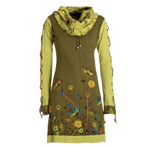 Vishes - Damen Blumen-Kleid Baumwollkleid Langarm-Shirtkleid Schal-Kragen olive 40
