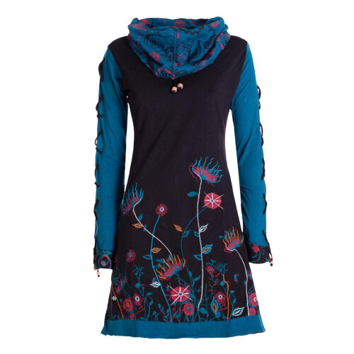 Vishes - Damen Blumen-Kleid Baumwollkleid Langarm-Shirtkleid Schal-Kragen schwarz 34-36