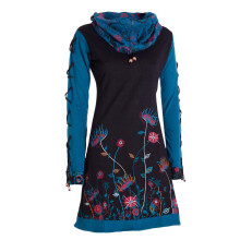 Vishes - Damen Blumen-Kleid Baumwollkleid Langarm-Shirtkleid Schal-Kragen schwarz 34-36