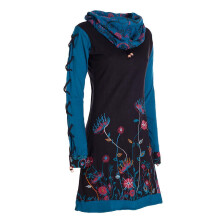 Vishes - Damen Blumen-Kleid Baumwollkleid Langarm-Shirtkleid Schal-Kragen schwarz 34-36