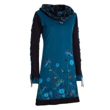 Vishes - Damen Blumen-Kleid Baumwollkleid Langarm-Shirtkleid Schal-Kragen türkis 42