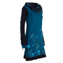 Vishes - Damen Blumen-Kleid Baumwollkleid Langarm-Shirtkleid Schal-Kragen türkis 42