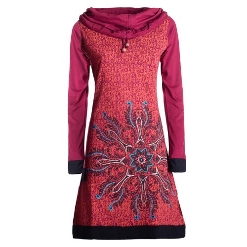 Vishes Damen Baumwollkleid mit handgedrucktem Mandala-Muster und Schal-Kragen