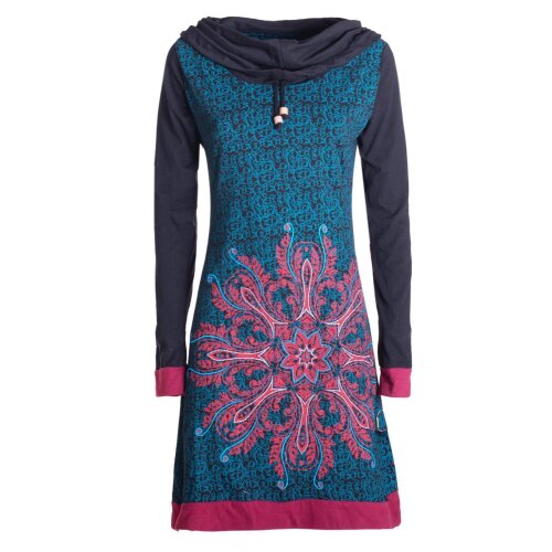 Vishes Damen Baumwollkleid mit handgedrucktem Mandala-Muster und Schal-Kragen