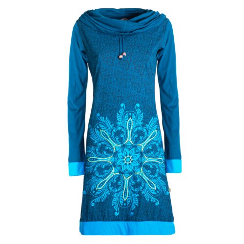 Vishes Damen Baumwollkleid mit handgedrucktem Mandala-Muster und Schal-Kragen