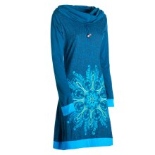 Vishes - Damen Schal-Kragen Mandala-Kleid Langarm-Shirtkleid Baumwollkleid türkis 40
