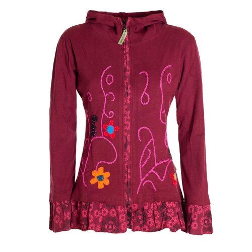 Vishes - Damen Sommerjacke Blumen-Strickjacke Elfenjacke Kapuzi Rüschen dunkelrot 36