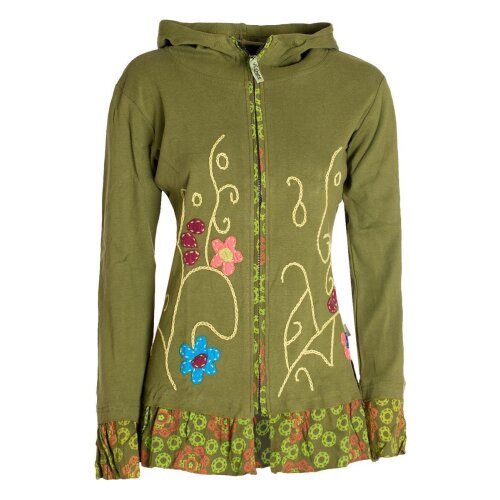 Vishes - Damen Sommerjacke Blumen-Strickjacke Elfenjacke Kapuzi Rüschen olive 42